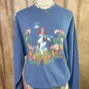 Vintage Lighthouse Sweater 90s Floral Bird Crewneck Sweatshirt Blue Cottagecore